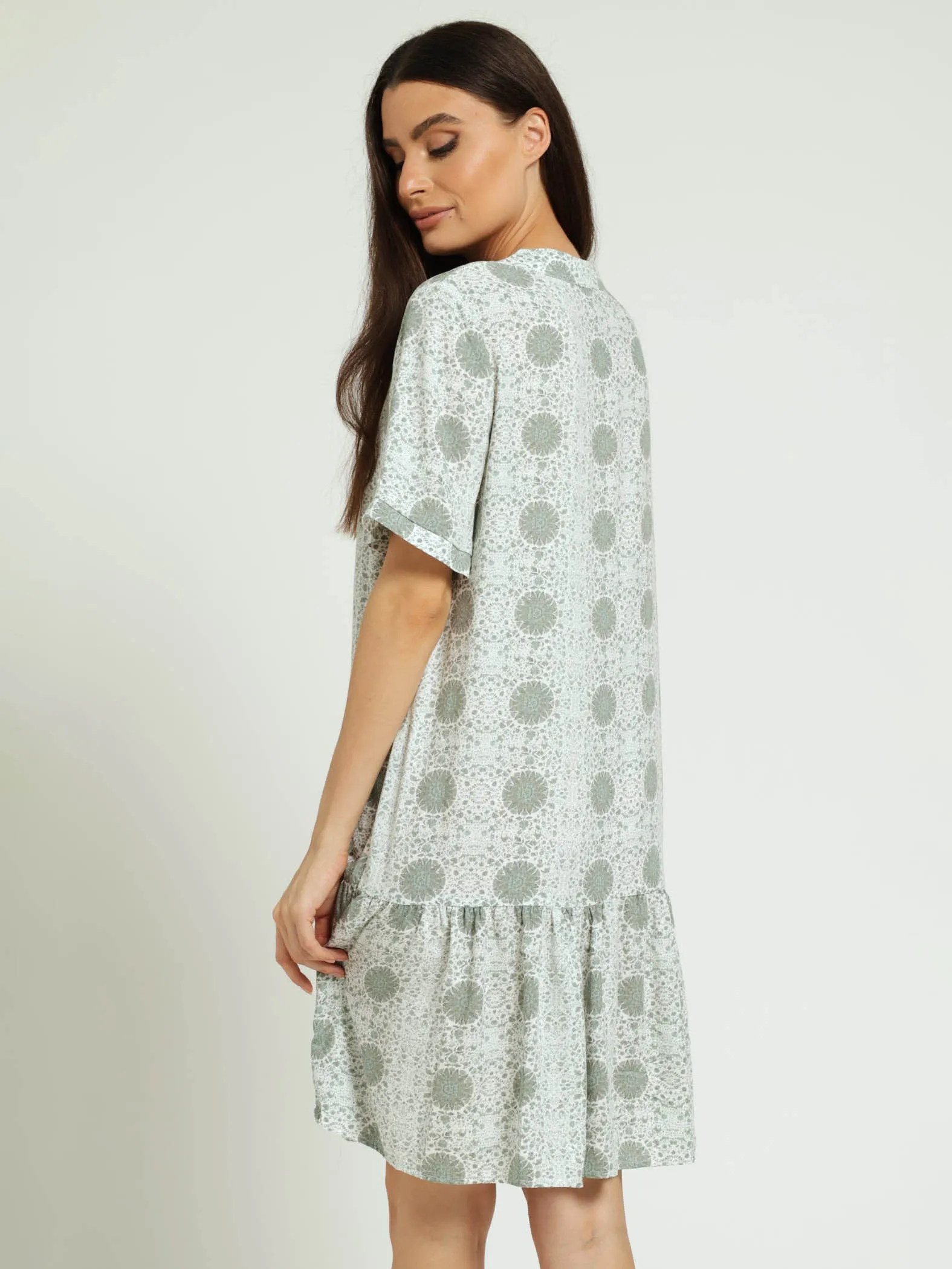 1/4 Placket Drop Hem Shift Dress - Sage