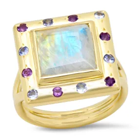 14K YG Moonstone, Amethyst and Tanzanite Ring