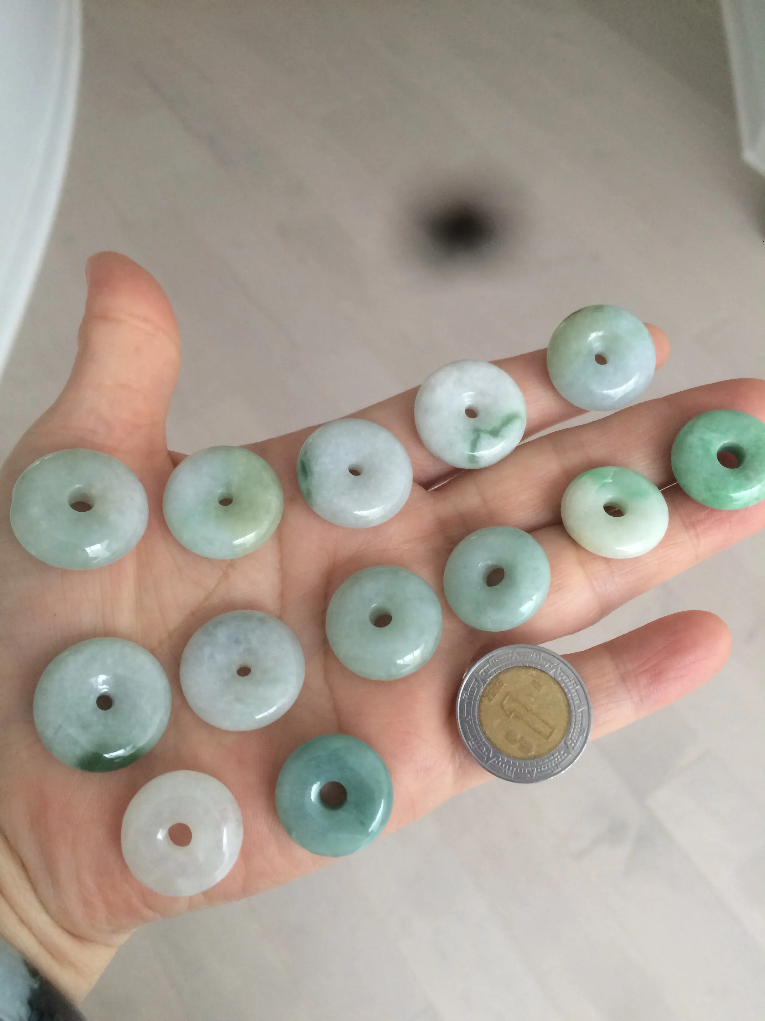 17.8-21mm Type A 100% Natural green/white Jadeite Jade Safety Guardian Button donut Pendant group AD33