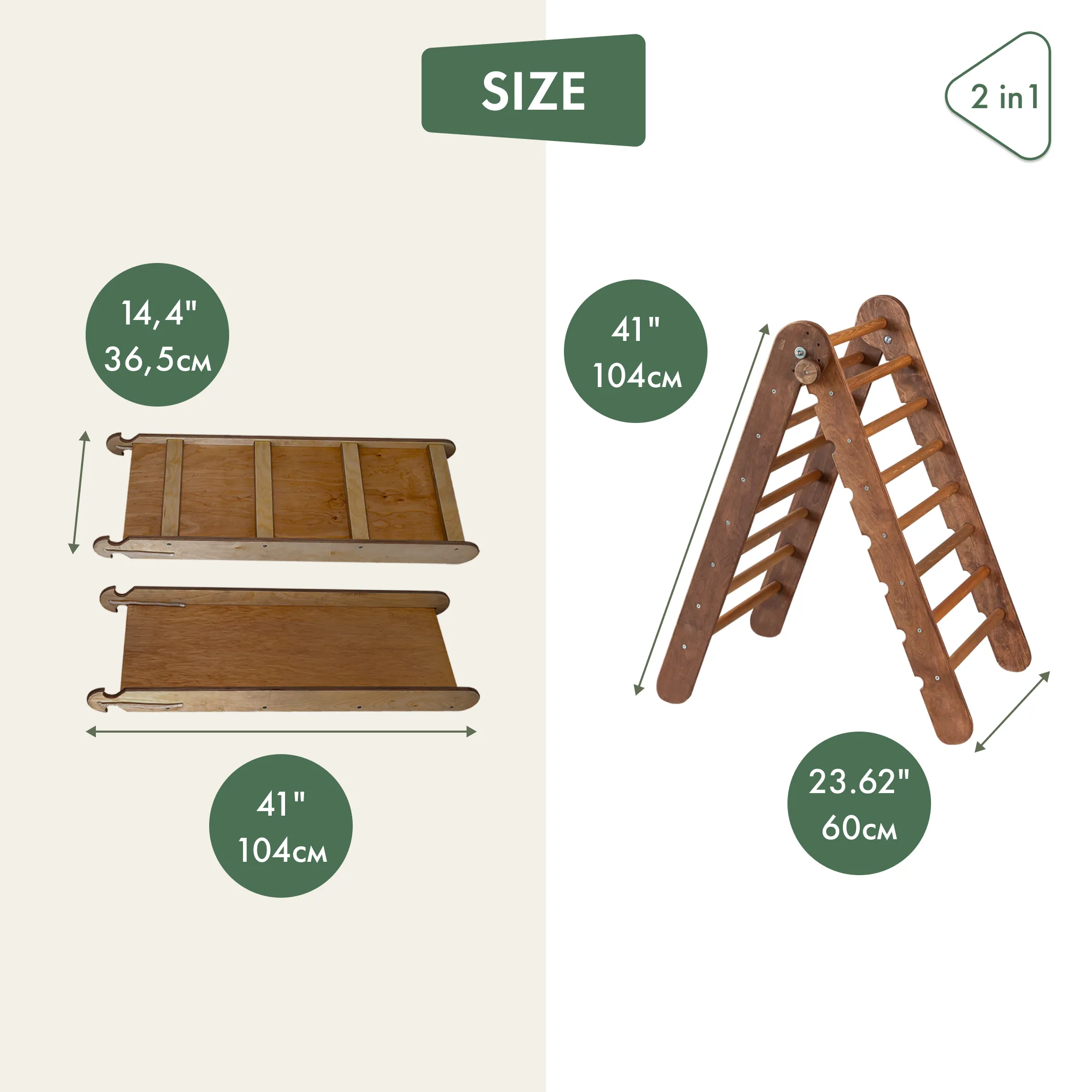 2in1 Montessori Climbing Frame Set: Triangle Ladder   Slide Board/Ramp – Chocolate