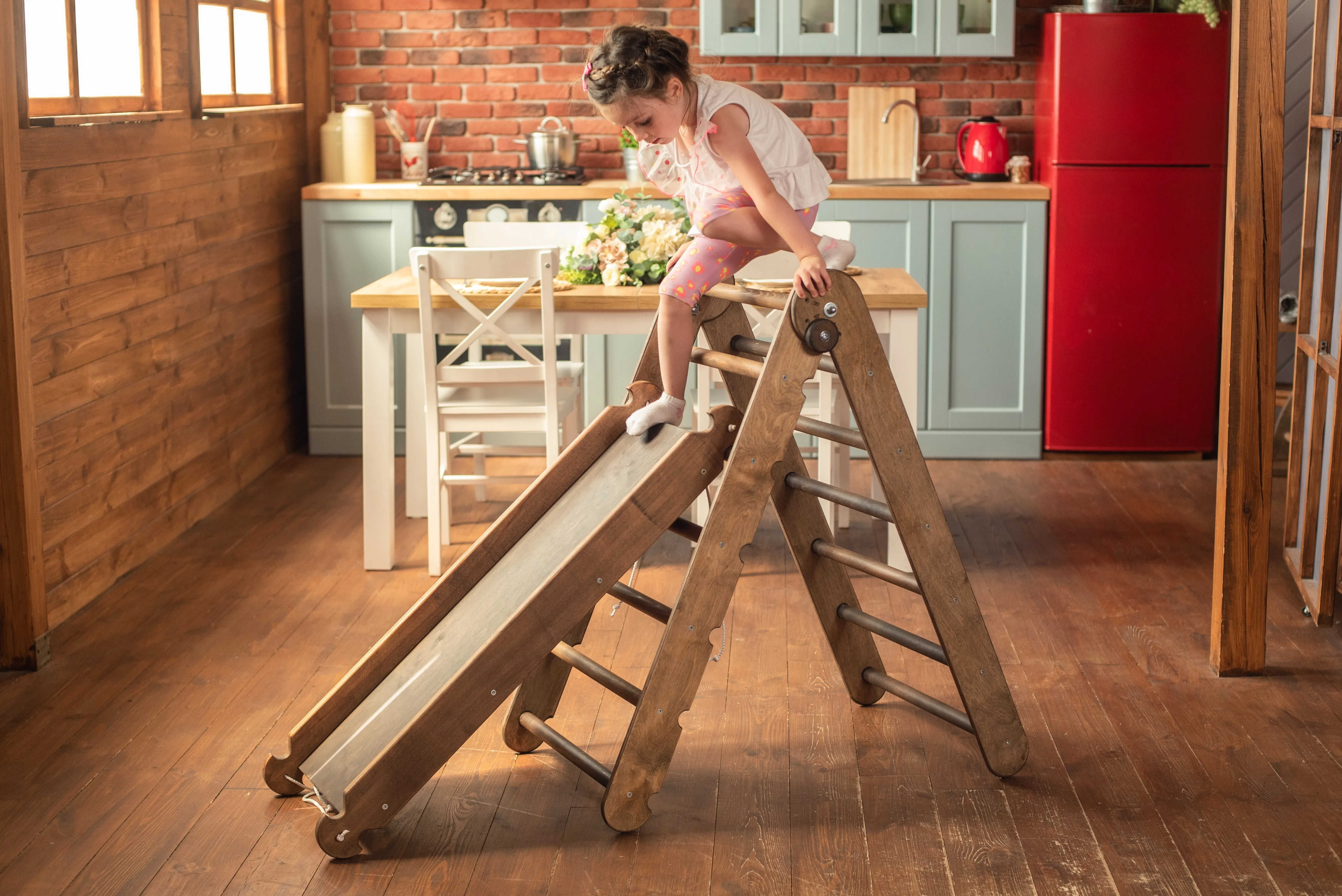 2in1 Montessori Climbing Frame Set: Triangle Ladder   Slide Board/Ramp – Chocolate