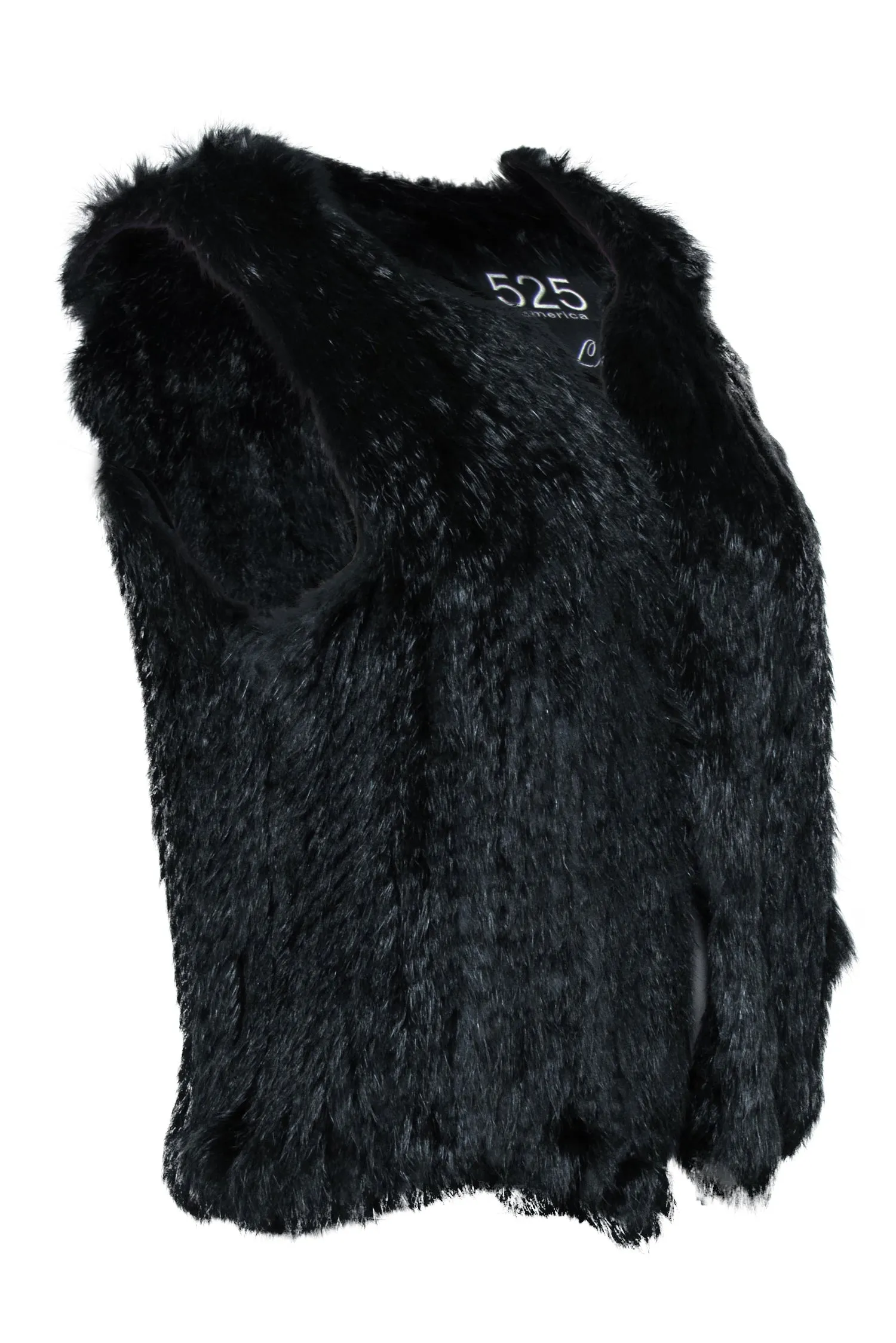 525 America - Black Rabbit Fur Open Vest Sz S/M