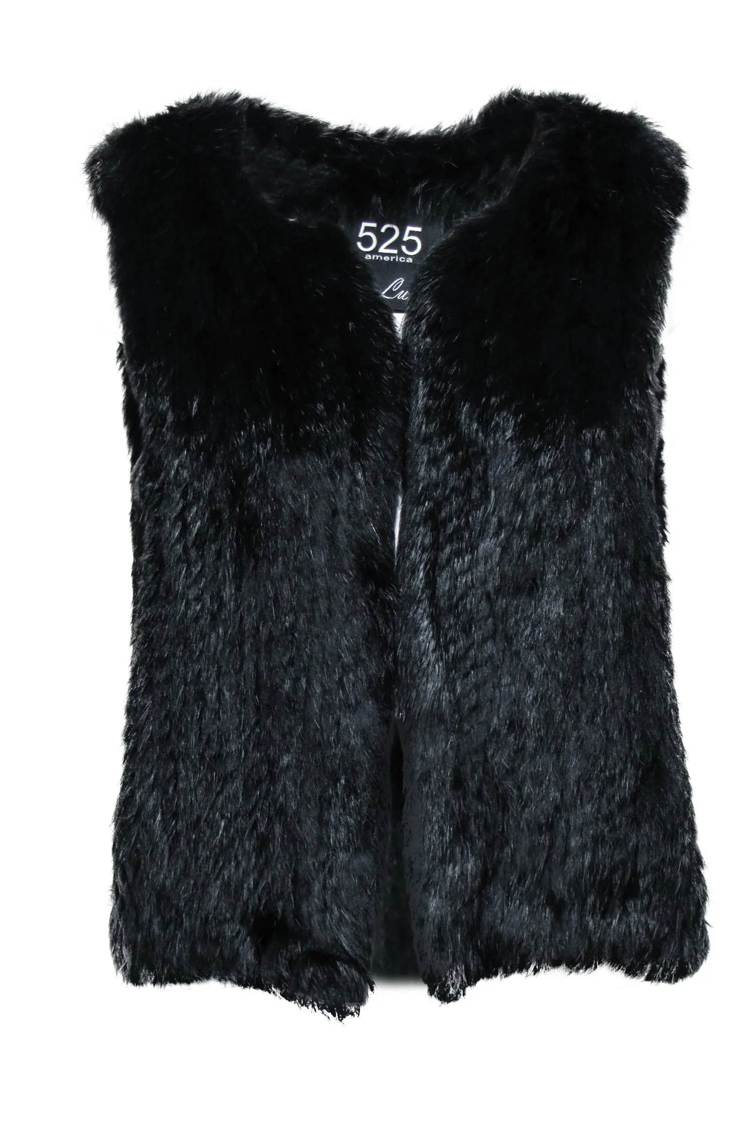 525 America - Black Rabbit Fur Open Vest Sz S/M