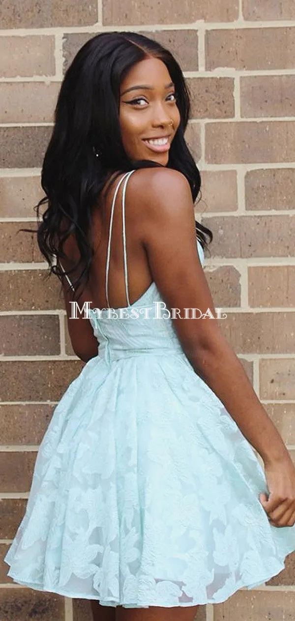 A-Line Spaghetti Straps Mint Lace Homecoming Dress ,Short Prom Dresses,BDY0365