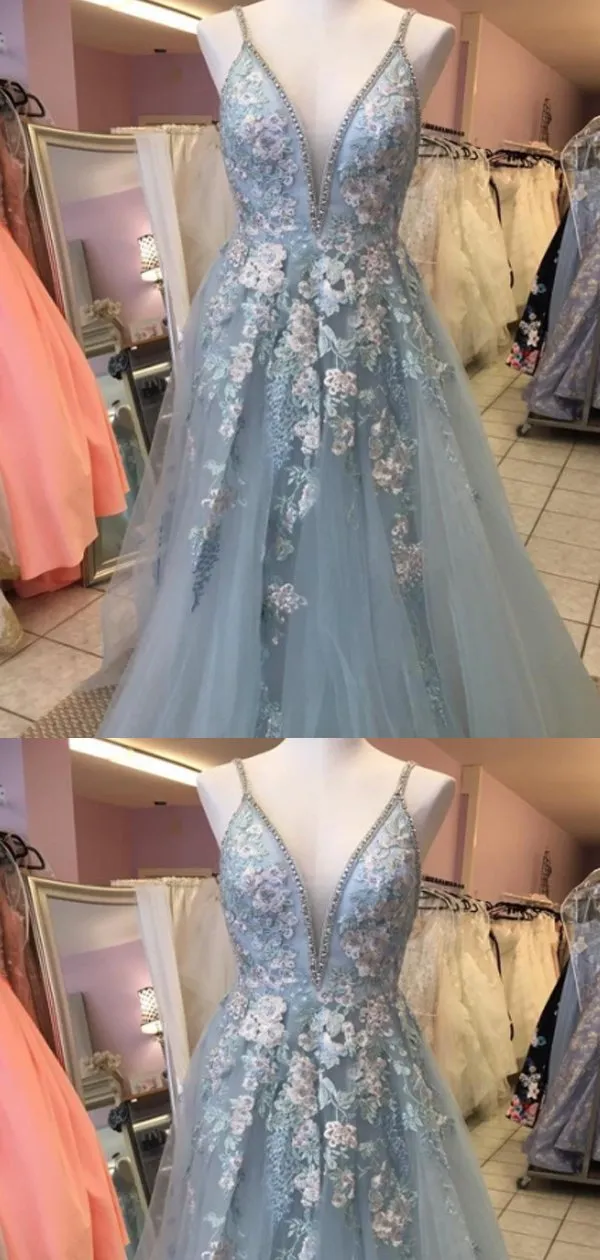 A-line Spaghetti Straps V-neck Blue Long Prom Dresses ,Cheap Prom Dresses,PDY0454