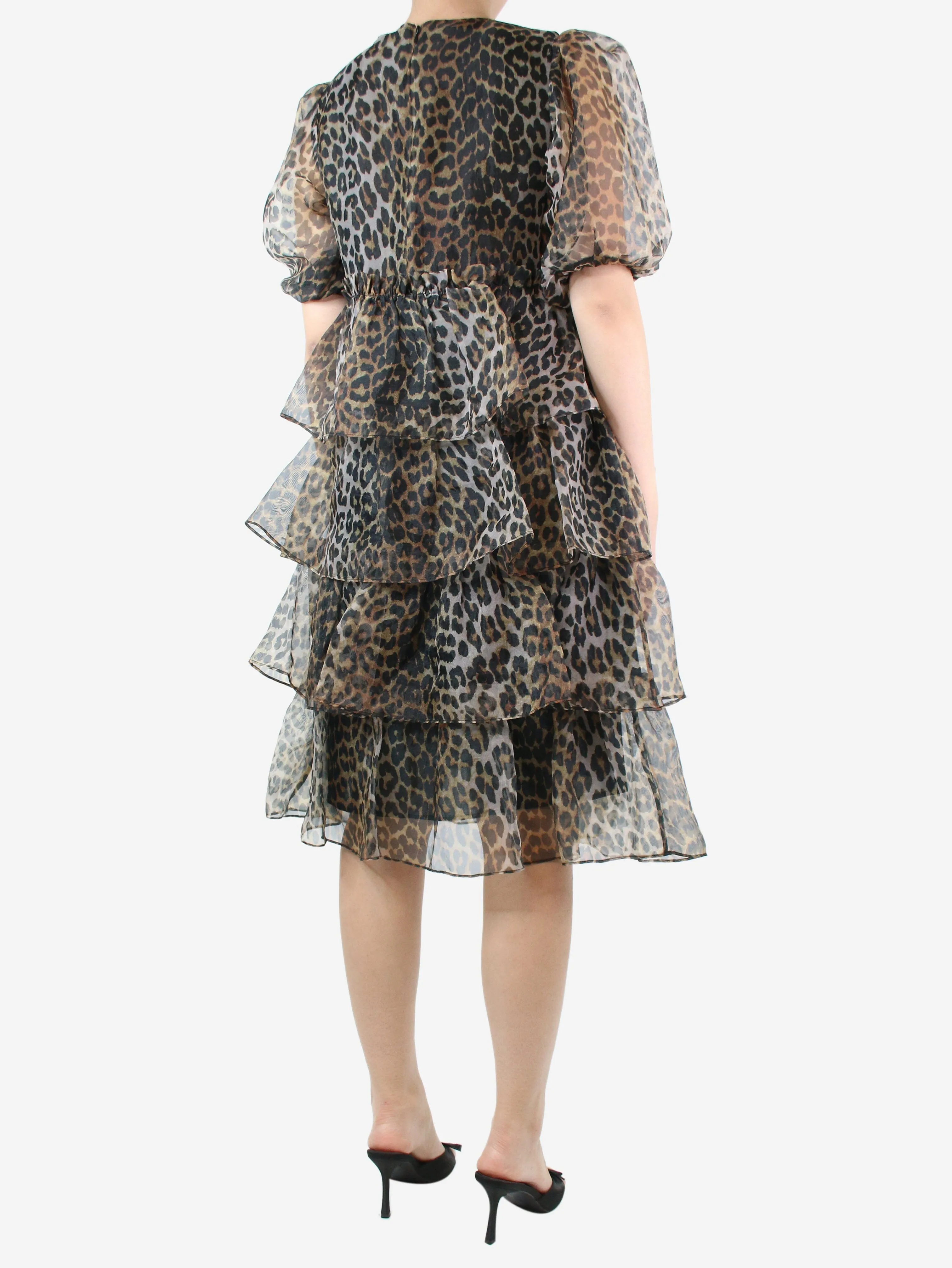 Animal print leopard print ruffle midi dress - size UK 10