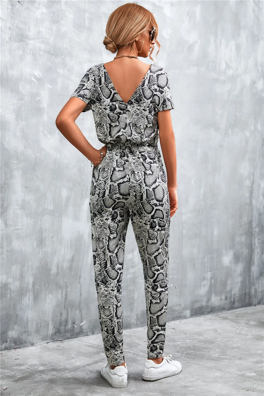 Animal Print V-Neck Jumpsuit with Pockets