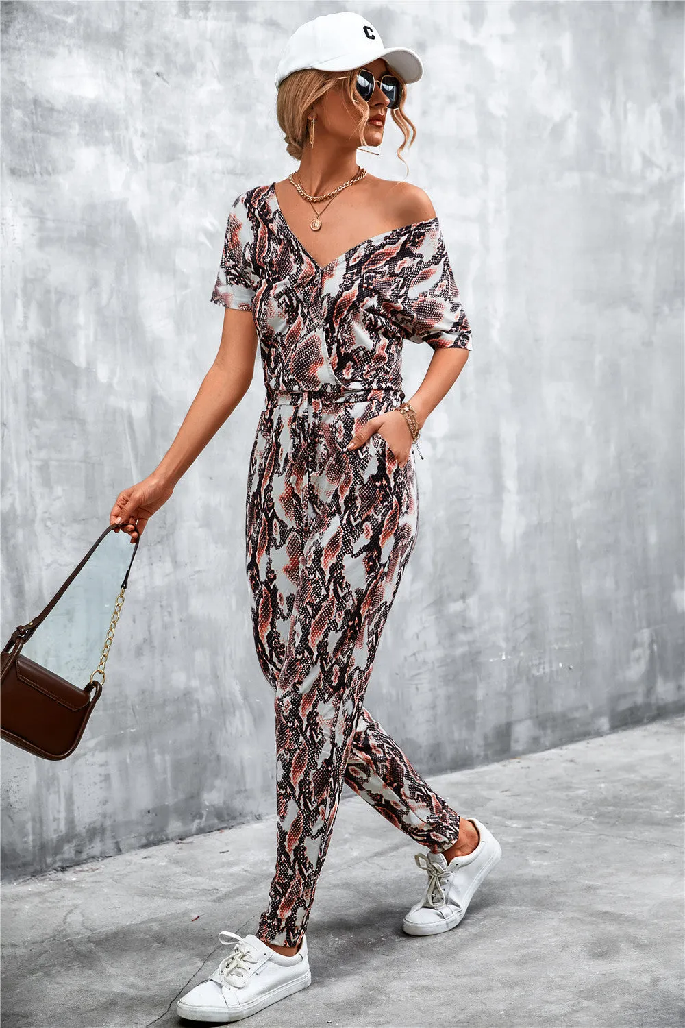 Animal Print V-Neck Jumpsuit with Pockets