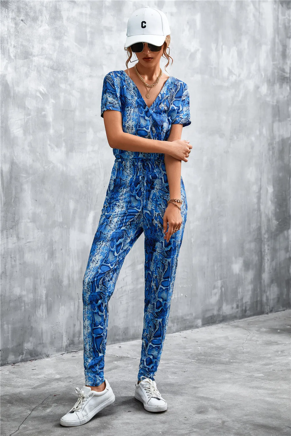 Animal Print V-Neck Jumpsuit with Pockets