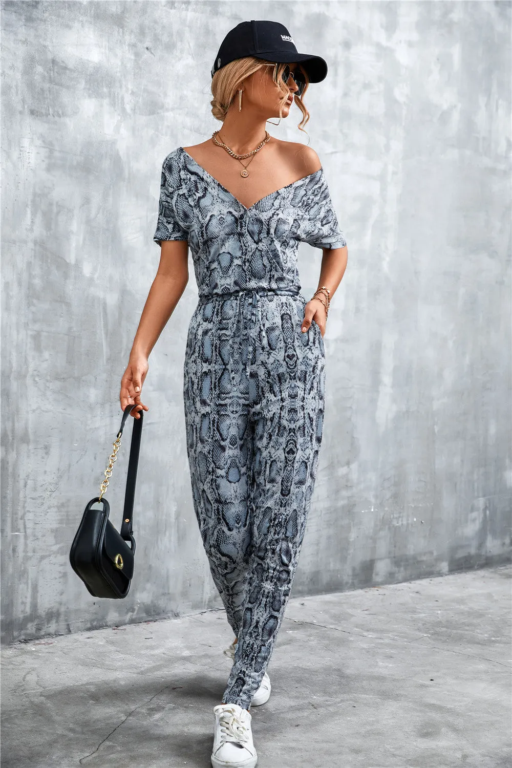 Animal Print V-Neck Jumpsuit with Pockets