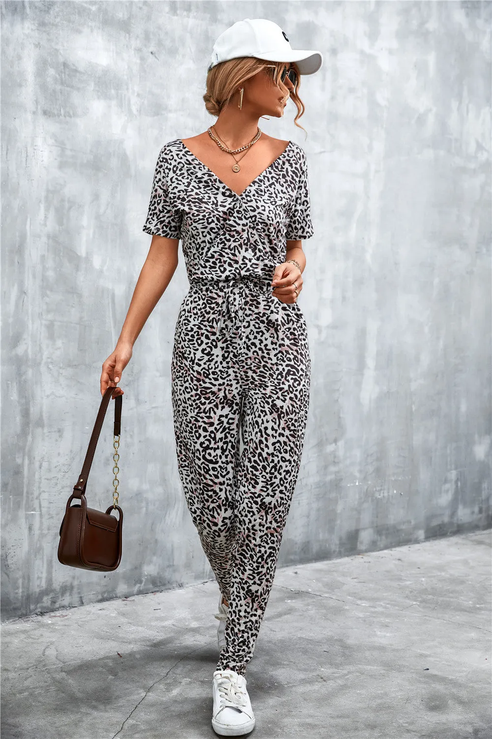 Animal Print V-Neck Jumpsuit with Pockets