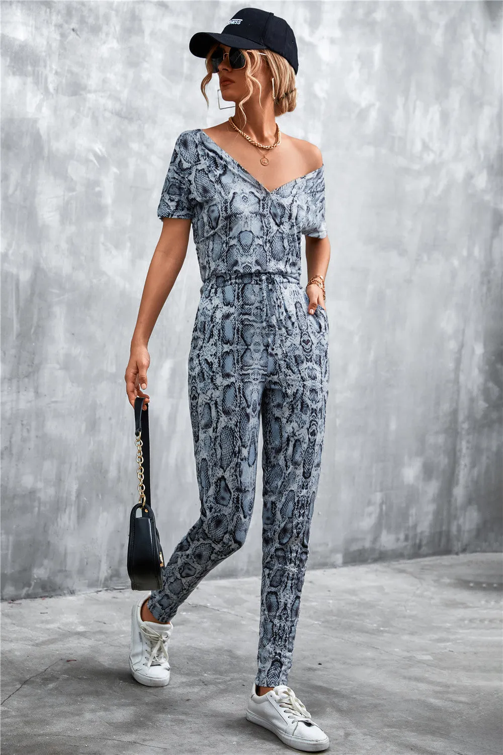 Animal Print V-Neck Jumpsuit with Pockets