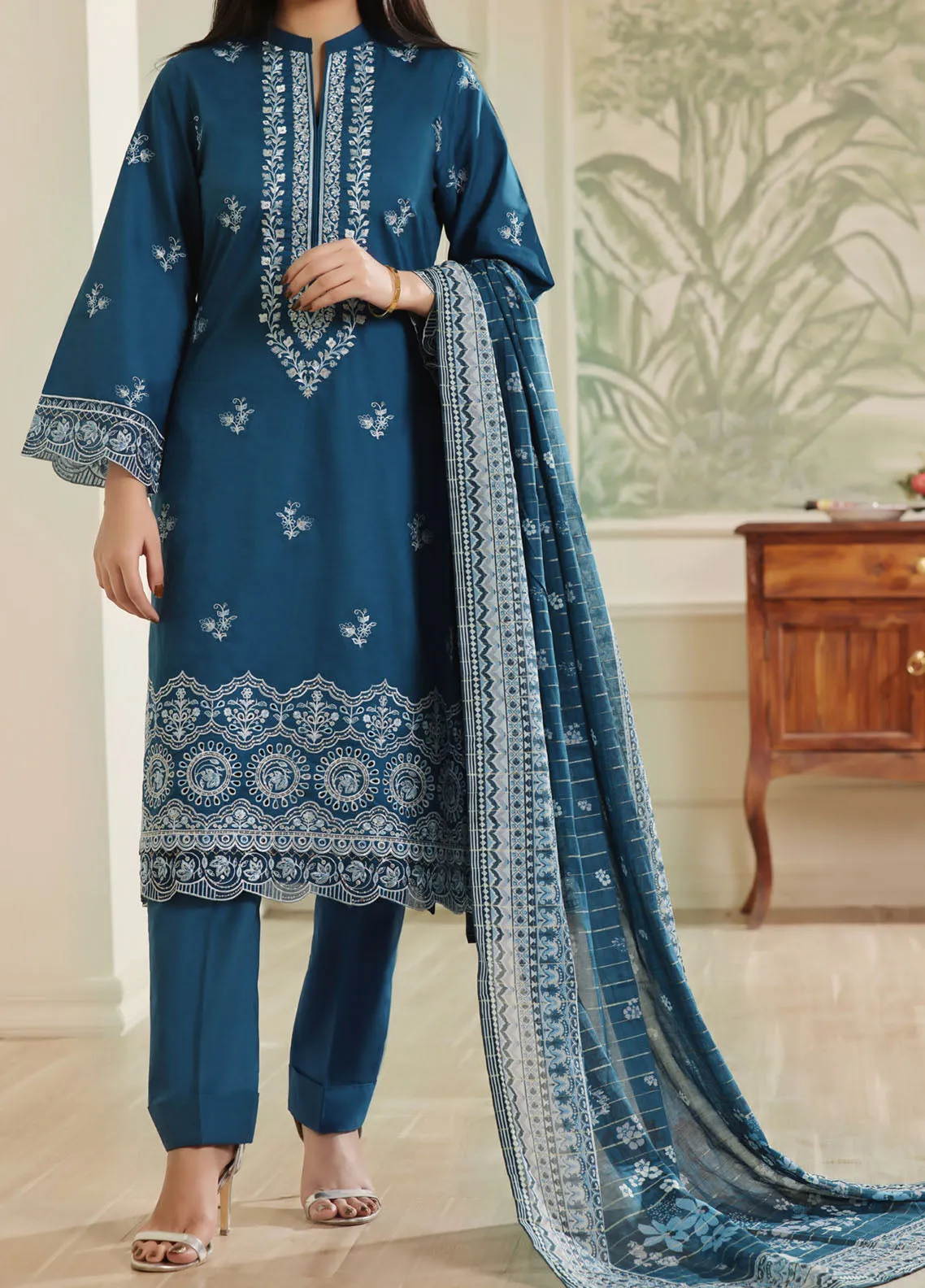 Anmol By VS Textile Embroidered Lawn With Fancy Zari Dupatta 3 Piece Unstitched Suit VS24AELFZD D-1007