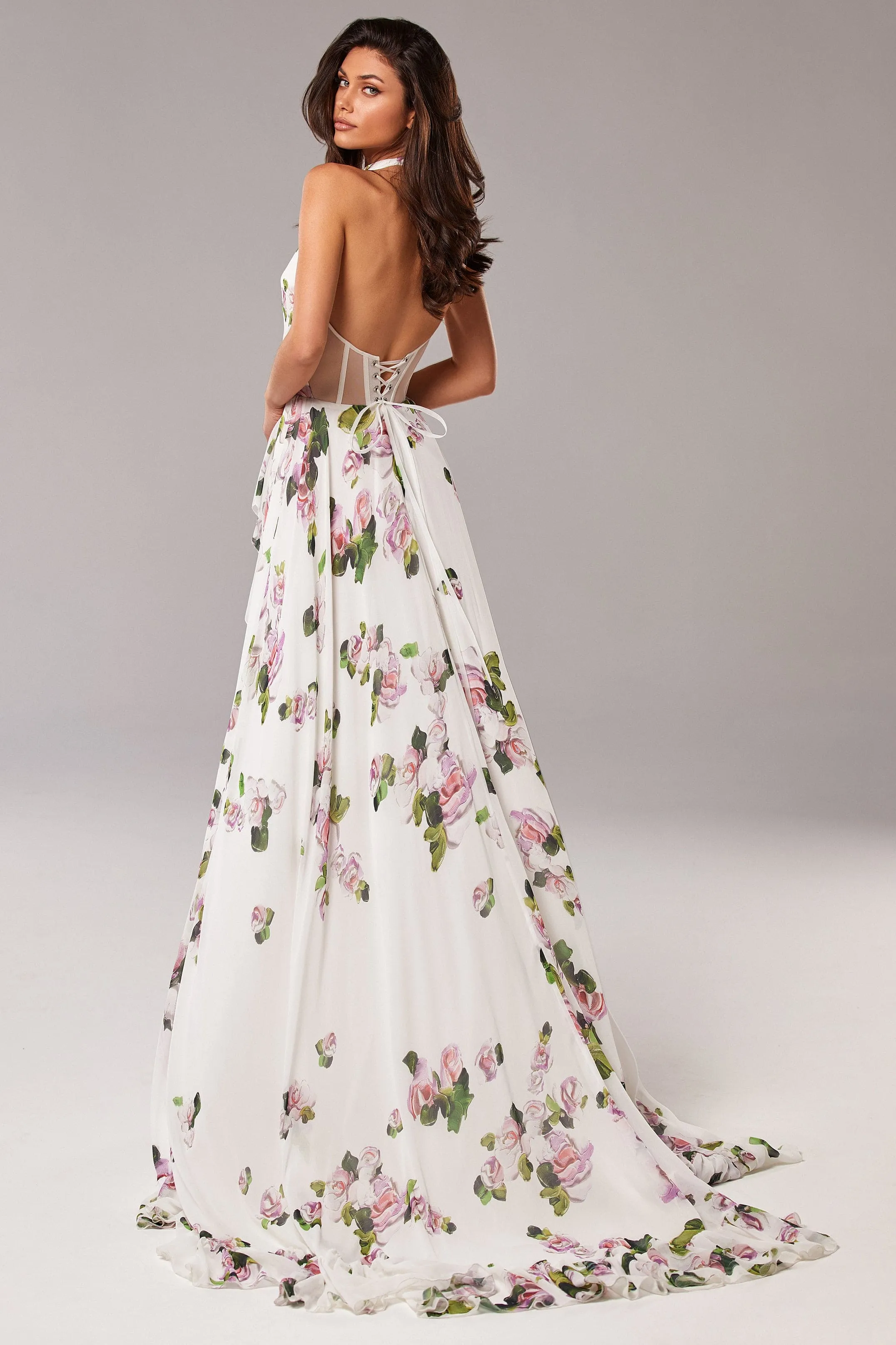 Apple Blossom Mock neck sleeveless evening dress