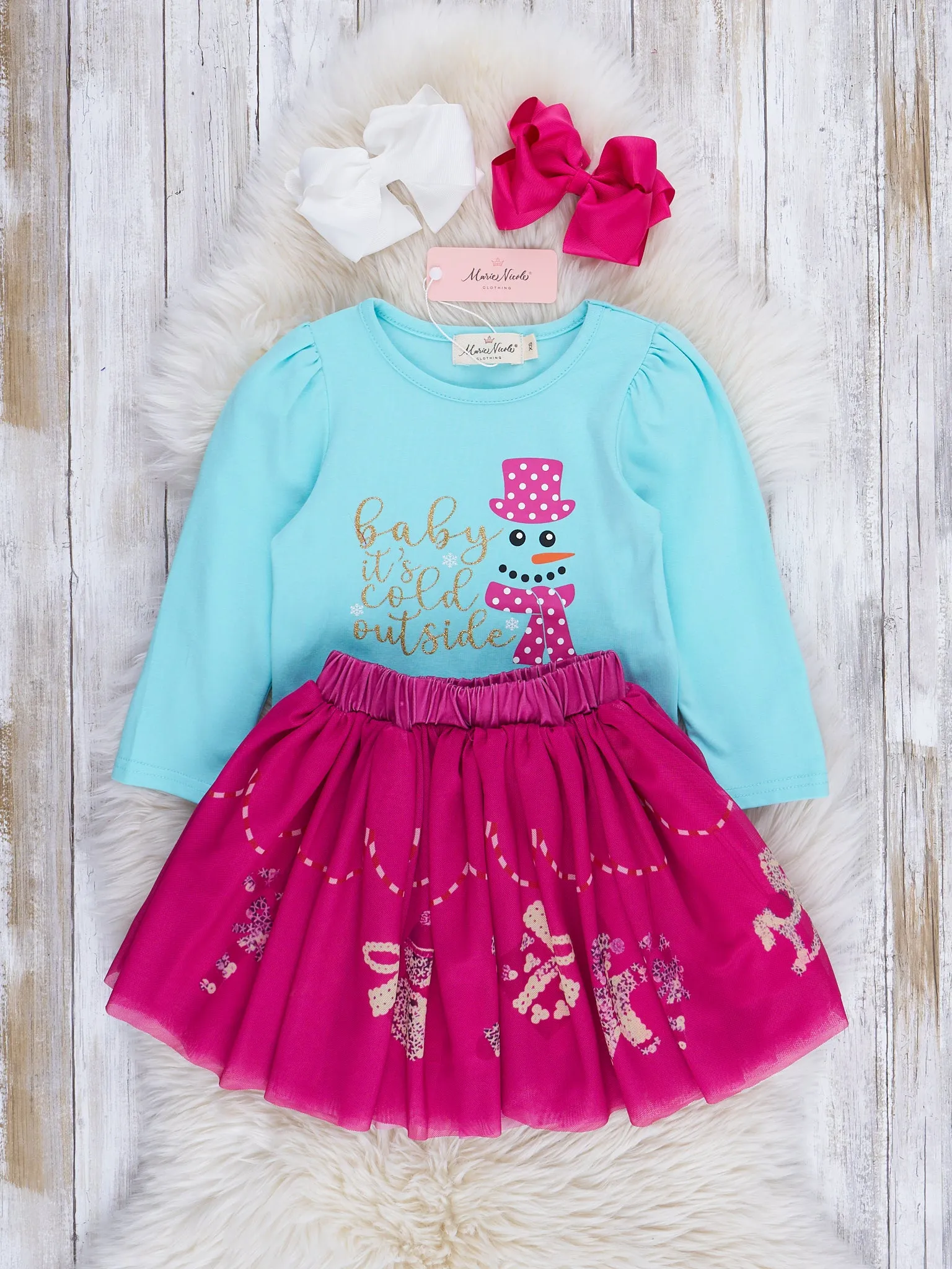 Aqua & Magenta Snowman Outfit w/ Skirt