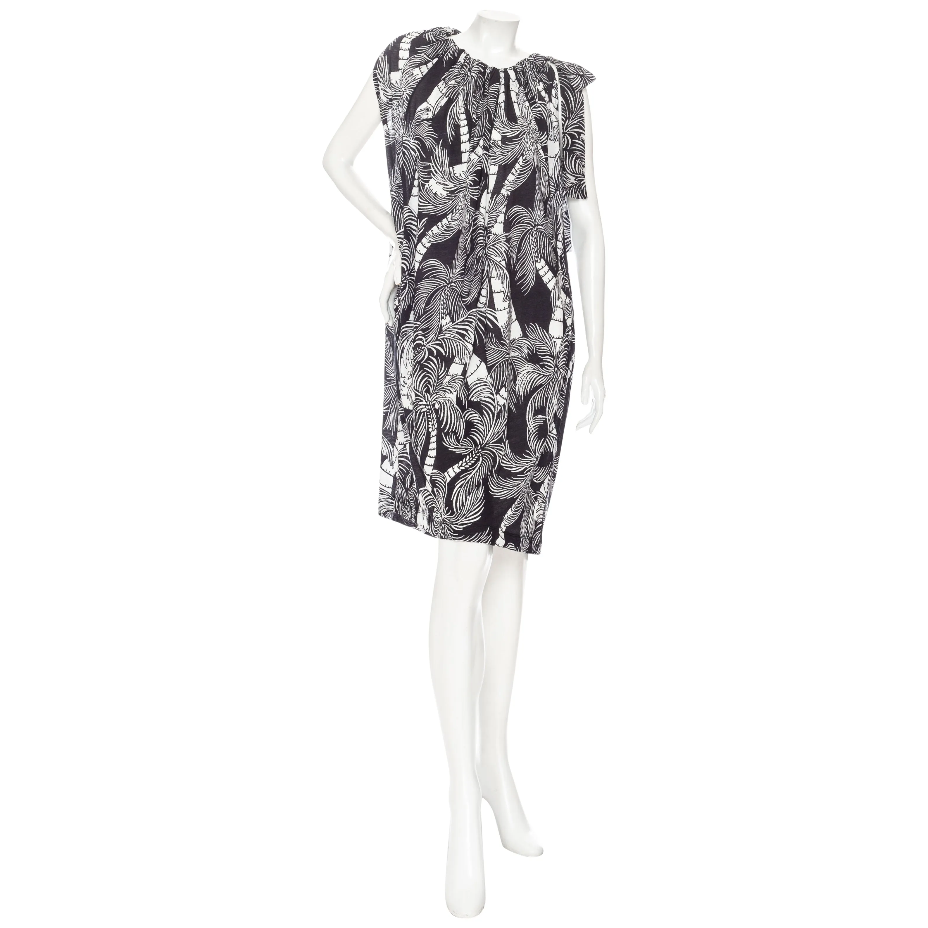 Black and White Palm-Print Cotton Asymmetrical Gathered Dress