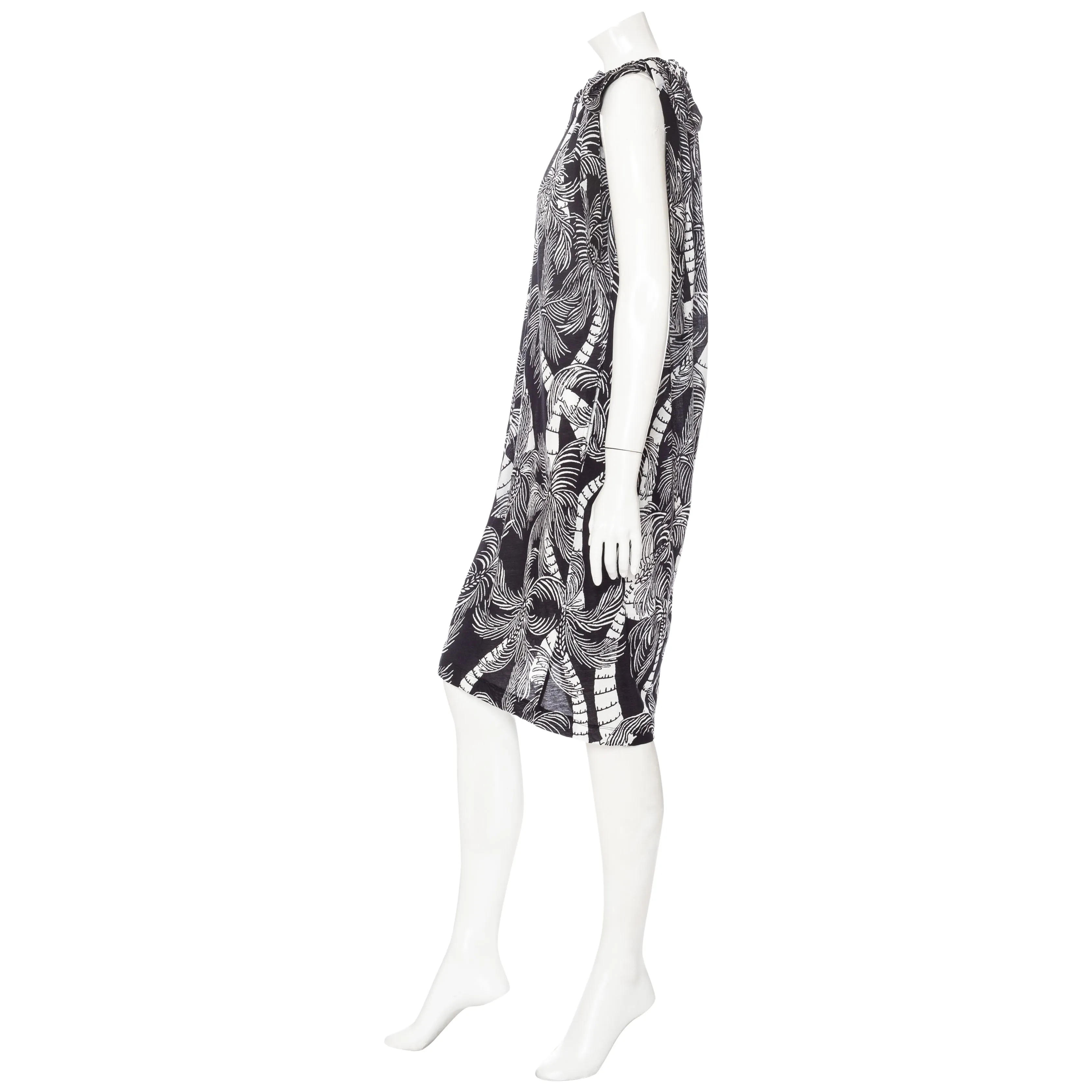 Black and White Palm-Print Cotton Asymmetrical Gathered Dress