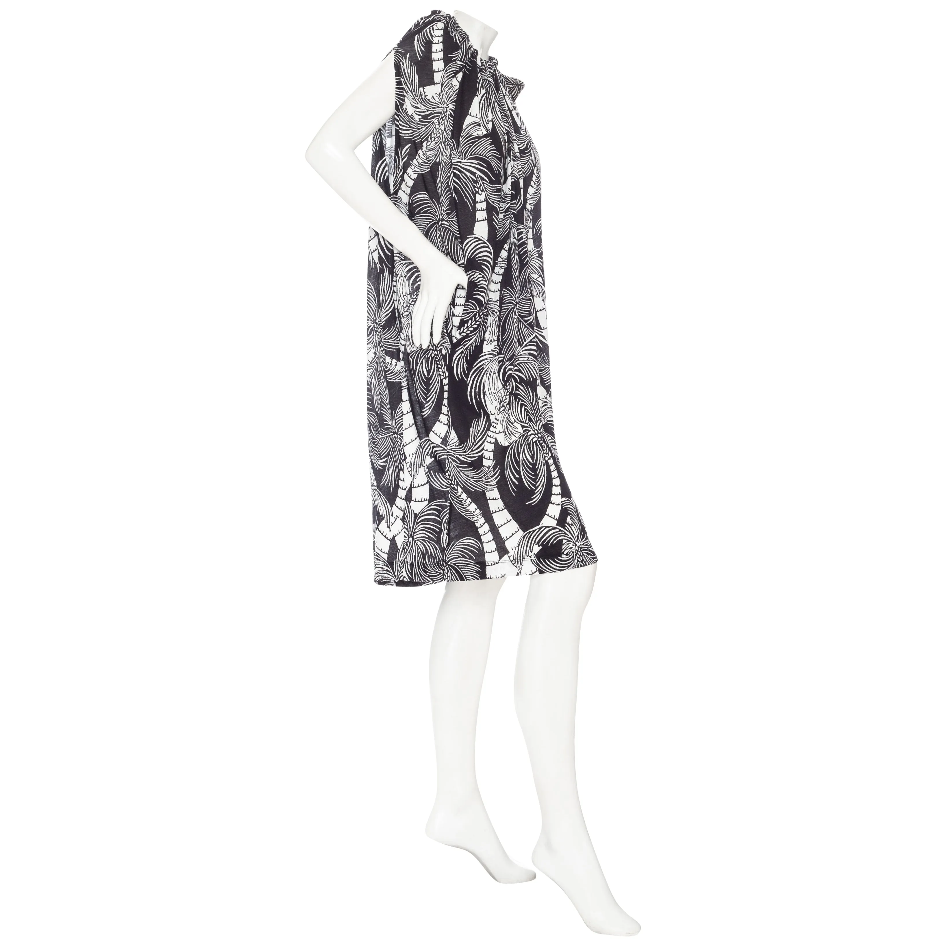 Black and White Palm-Print Cotton Asymmetrical Gathered Dress