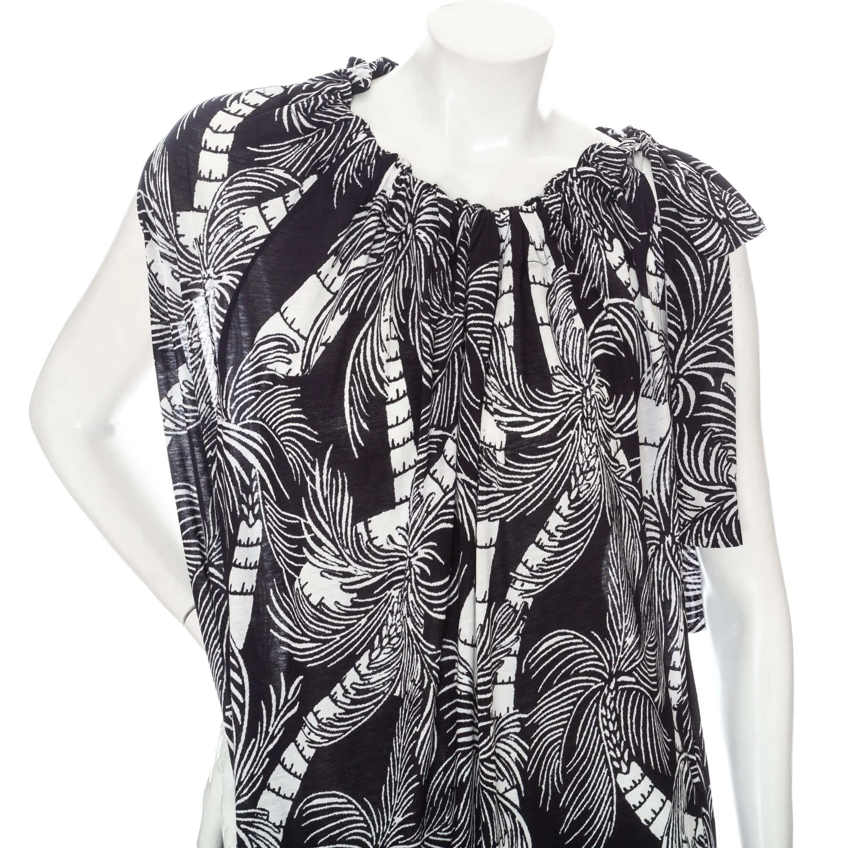 Black and White Palm-Print Cotton Asymmetrical Gathered Dress