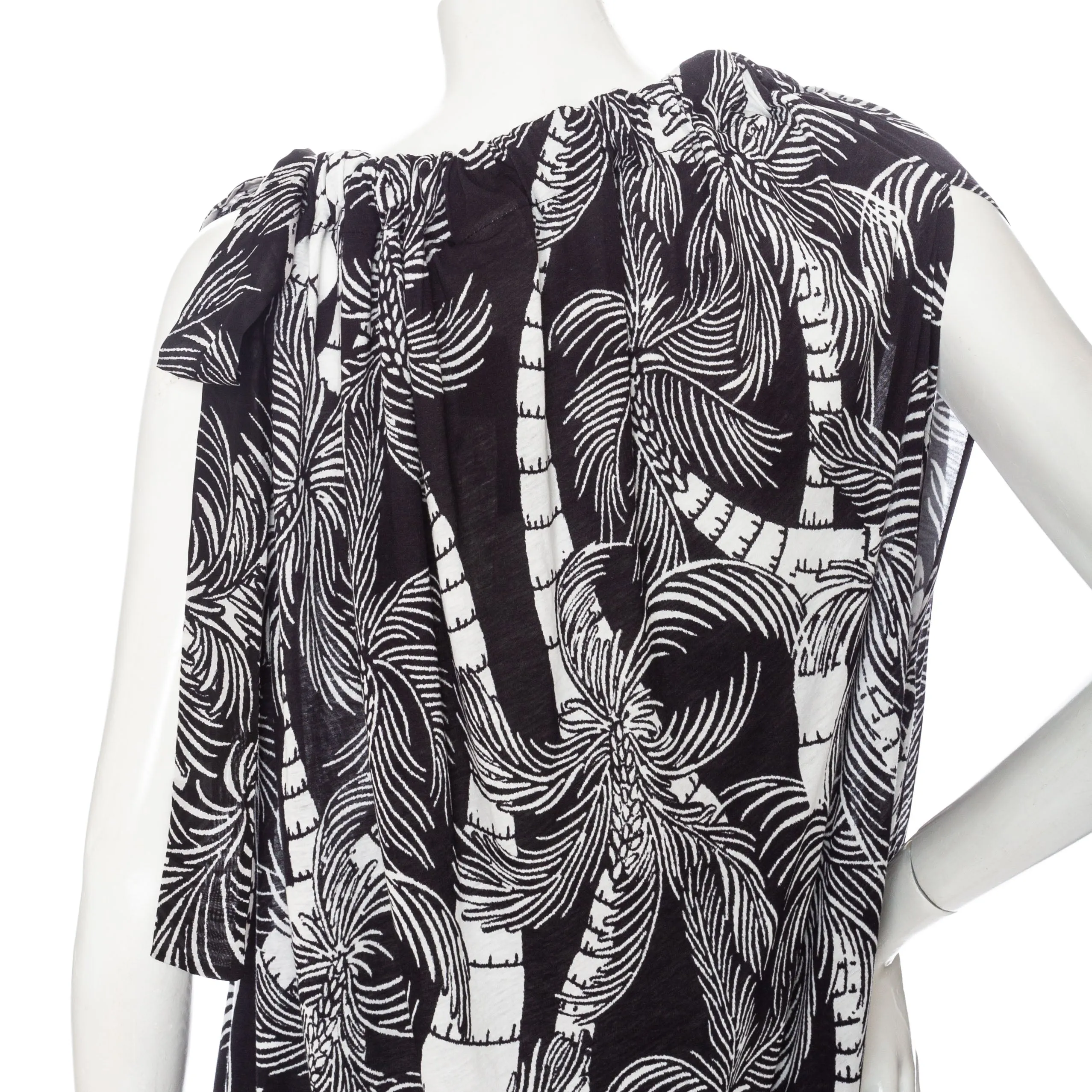 Black and White Palm-Print Cotton Asymmetrical Gathered Dress