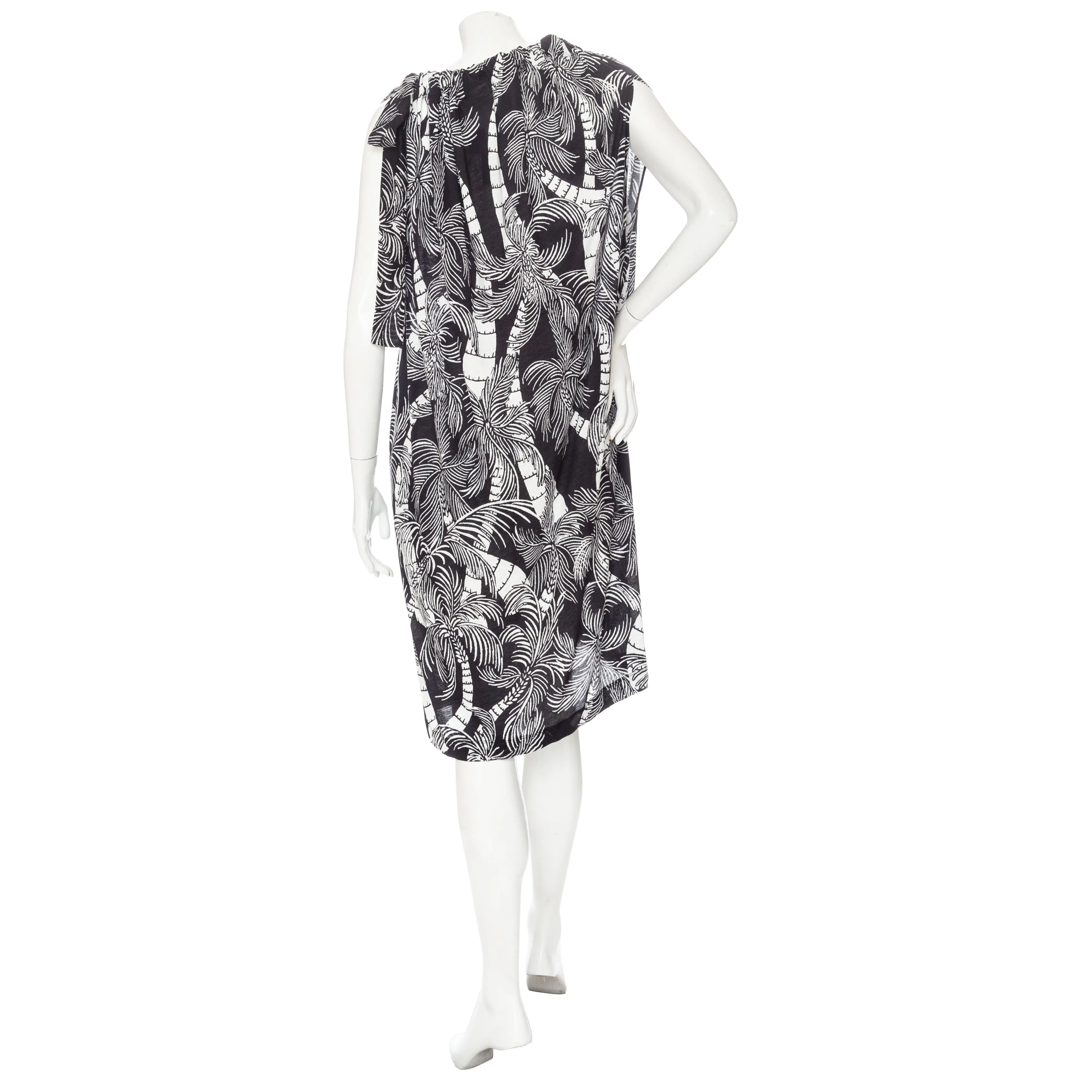 Black and White Palm-Print Cotton Asymmetrical Gathered Dress