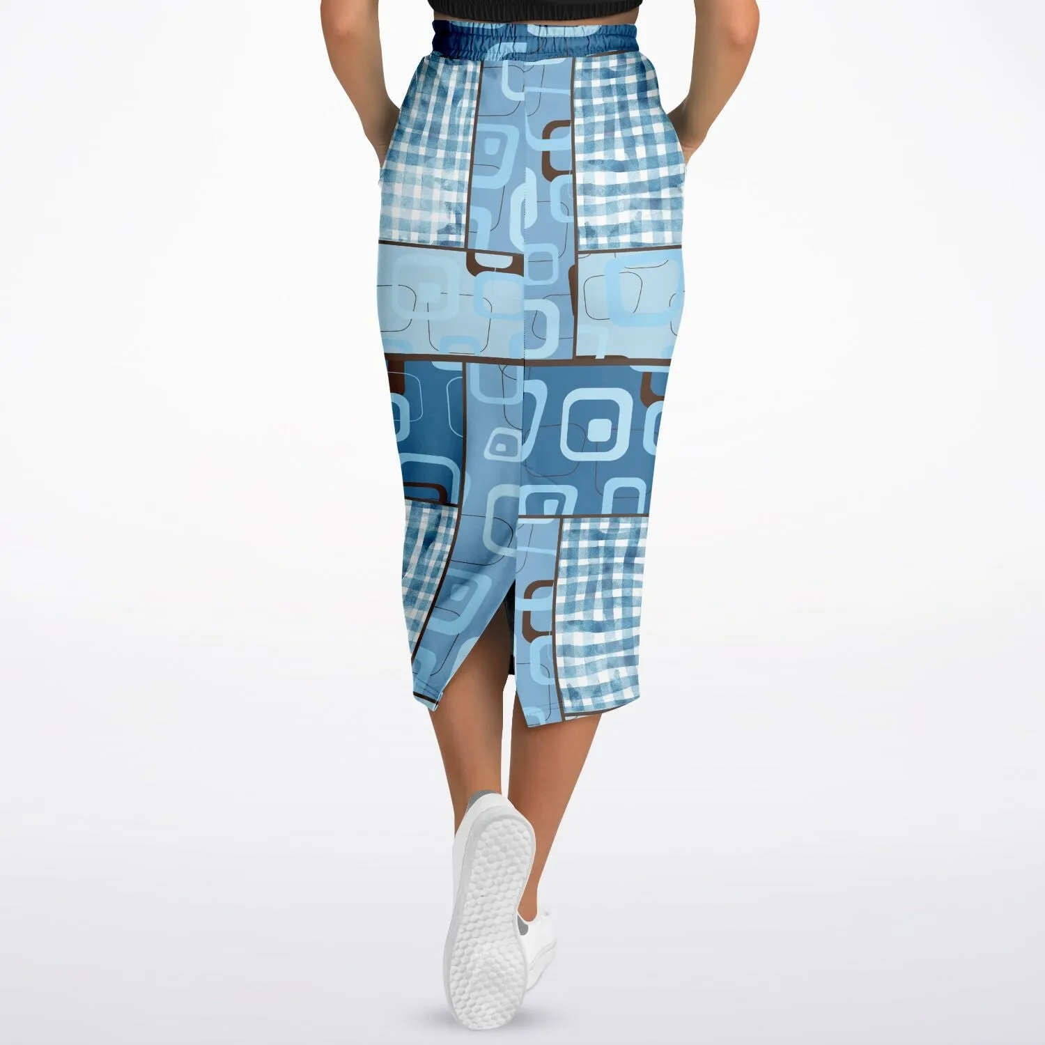 Blue Geo Patchwork Eco-Poly Long Pocket Skirt