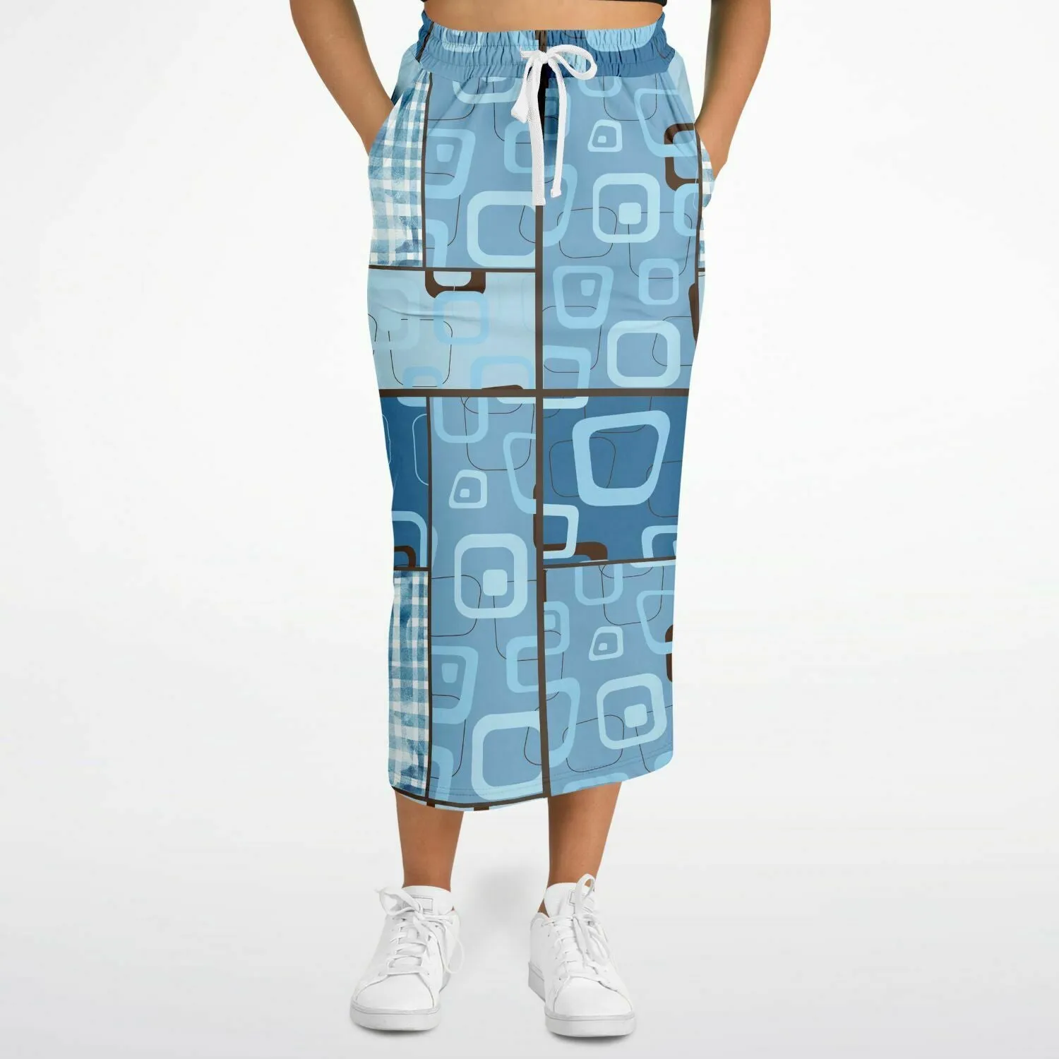 Blue Geo Patchwork Eco-Poly Long Pocket Skirt