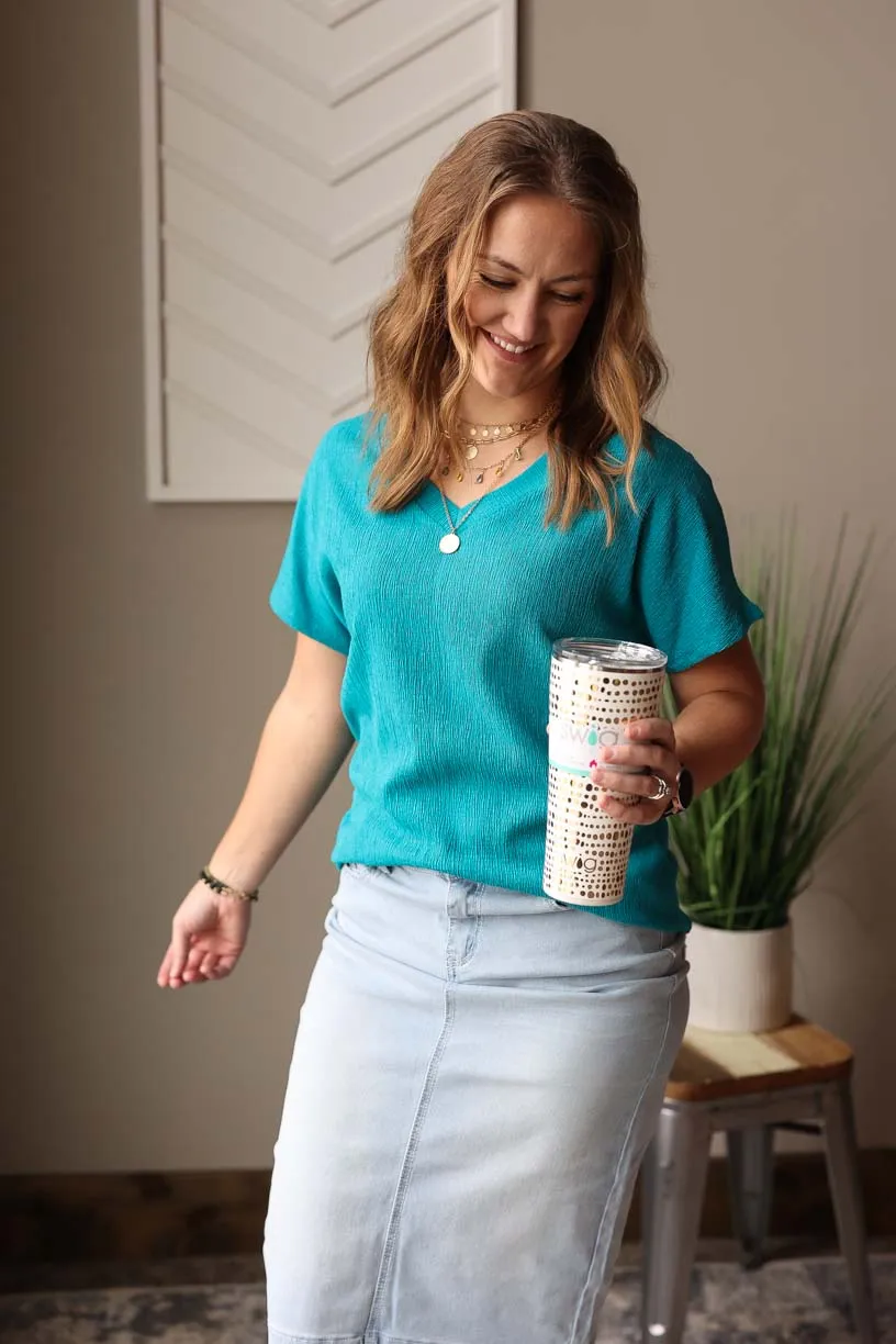 Blue Sapphire Crinkle V-Neck Top