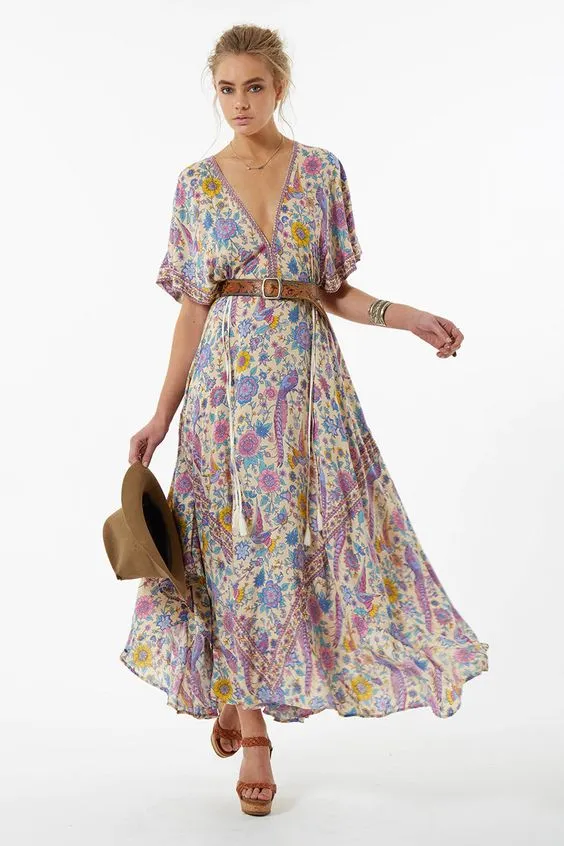 Bohemian Maxi Dress Lovebird Half Moon Choose Chamomile Rose Pink Or Deep Sky Blue Long Floral Gown Deep V Front & Back Tassel Ties Sizes Small Medium Or Large