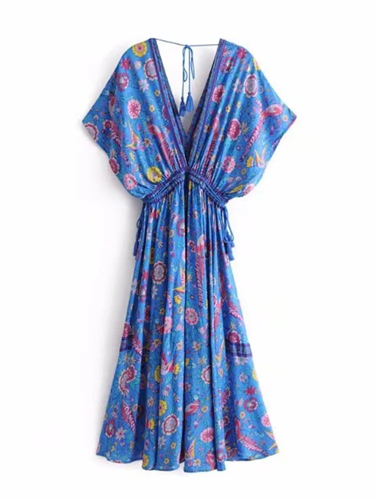 Bohemian Maxi Dress Lovebird Half Moon Choose Chamomile Rose Pink Or Deep Sky Blue Long Floral Gown Deep V Front & Back Tassel Ties Sizes Small Medium Or Large