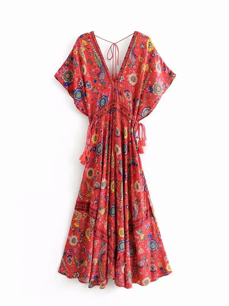 Bohemian Maxi Dress Lovebird Half Moon Choose Chamomile Rose Pink Or Deep Sky Blue Long Floral Gown Deep V Front & Back Tassel Ties Sizes Small Medium Or Large