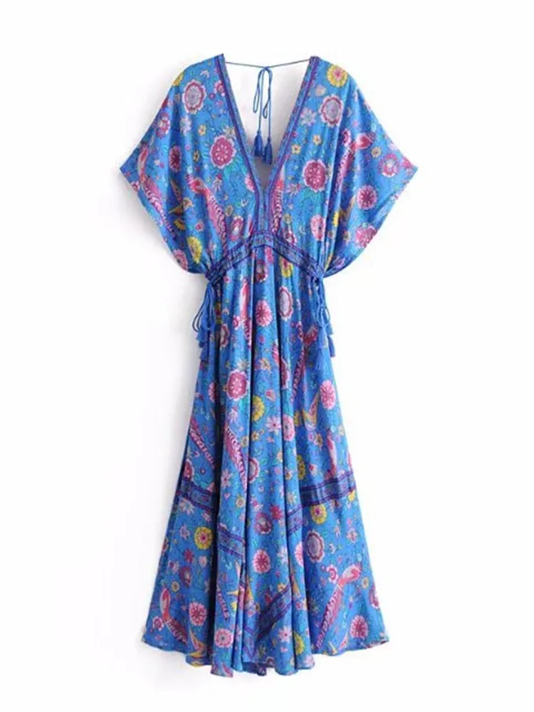 Bohemian Maxi Dress Lovebird Half Moon Choose Chamomile Rose Pink Or Deep Sky Blue Long Floral Gown Deep V Front & Back Tassel Ties Sizes Small Medium Or Large