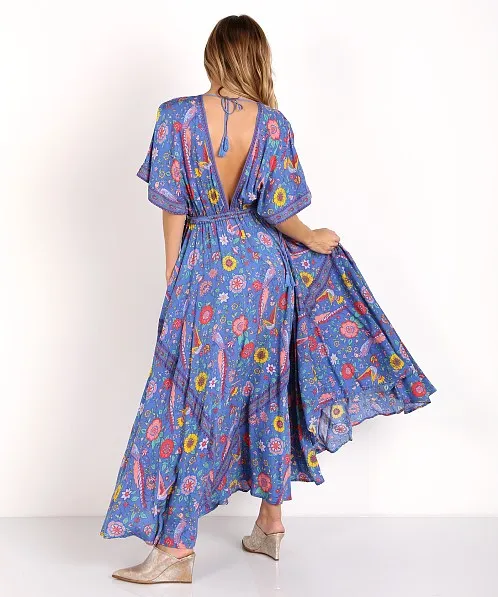 Bohemian Maxi Dress Lovebird Half Moon Choose Chamomile Rose Pink Or Deep Sky Blue Long Floral Gown Deep V Front & Back Tassel Ties Sizes Small Medium Or Large