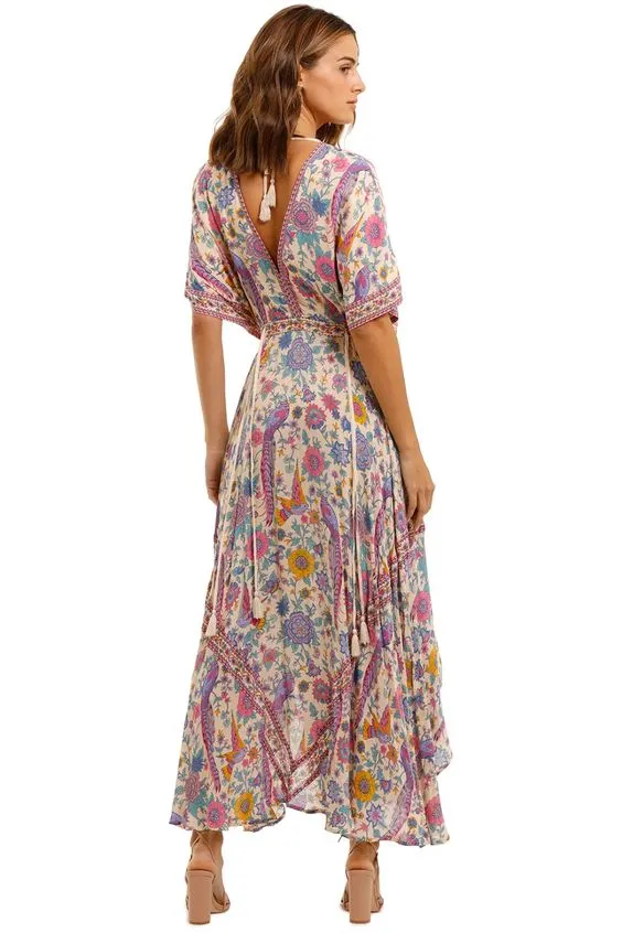 Bohemian Maxi Dress Lovebird Half Moon Choose Chamomile Rose Pink Or Deep Sky Blue Long Floral Gown Deep V Front & Back Tassel Ties Sizes Small Medium Or Large