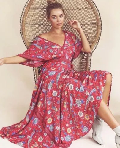 Bohemian Maxi Dress Lovebird Half Moon Choose Chamomile Rose Pink Or Deep Sky Blue Long Floral Gown Deep V Front & Back Tassel Ties Sizes Small Medium Or Large