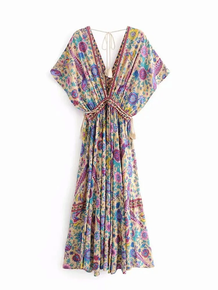 Bohemian Maxi Dress Lovebird Half Moon Choose Chamomile Rose Pink Or Deep Sky Blue Long Floral Gown Deep V Front & Back Tassel Ties Sizes Small Medium Or Large