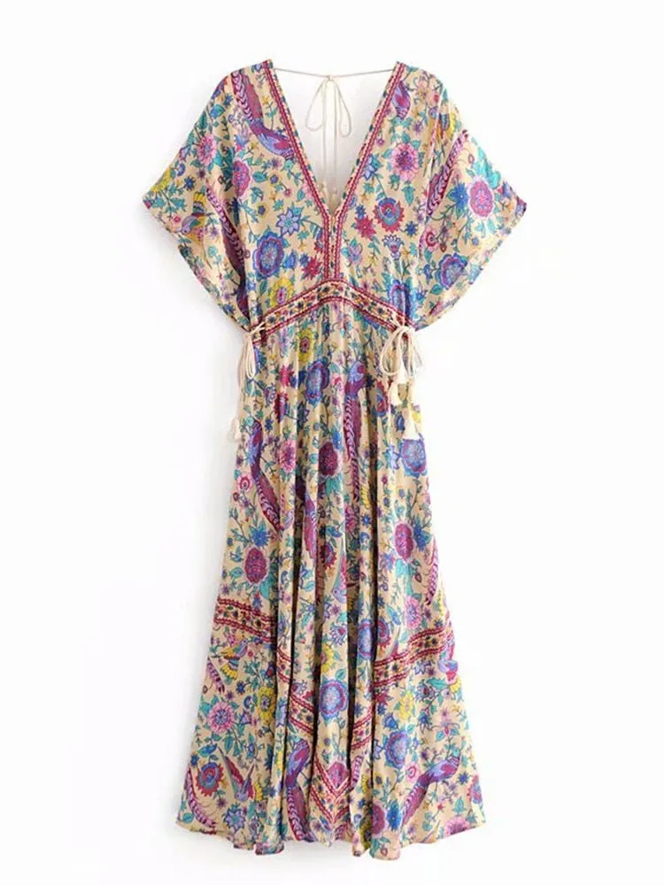 Bohemian Maxi Dress Lovebird Half Moon Choose Chamomile Rose Pink Or Deep Sky Blue Long Floral Gown Deep V Front & Back Tassel Ties Sizes Small Medium Or Large