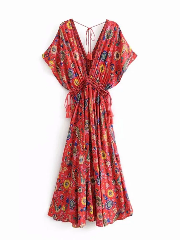 Bohemian Maxi Dress Lovebird Half Moon Choose Chamomile Rose Pink Or Deep Sky Blue Long Floral Gown Deep V Front & Back Tassel Ties Sizes Small Medium Or Large