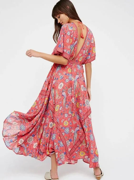 Bohemian Maxi Dress Lovebird Half Moon Choose Chamomile Rose Pink Or Deep Sky Blue Long Floral Gown Deep V Front & Back Tassel Ties Sizes Small Medium Or Large