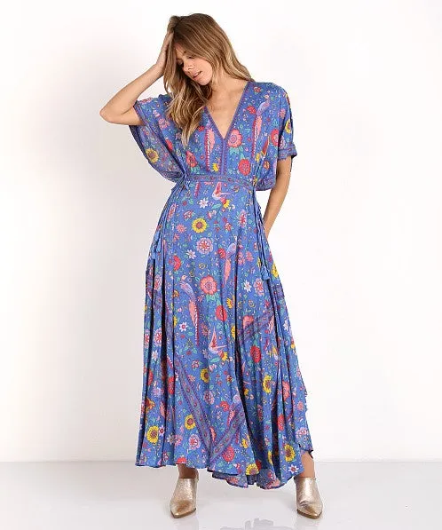 Bohemian Maxi Dress Lovebird Half Moon Choose Chamomile Rose Pink Or Deep Sky Blue Long Floral Gown Deep V Front & Back Tassel Ties Sizes Small Medium Or Large