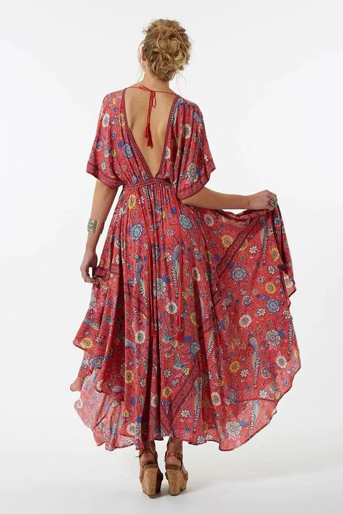 Bohemian Maxi Dress "Lovebird" Half Moon Long Floral Gown Deep V Front & Back Tassel Ties Sizes Small Medium Or Large