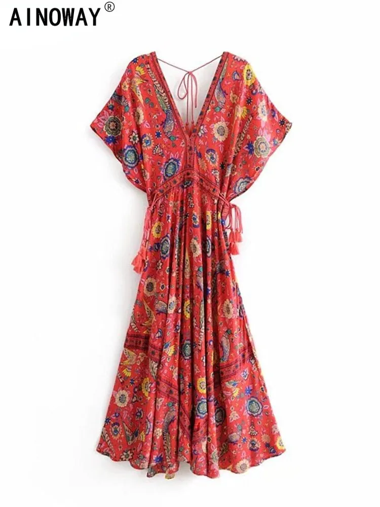 Bohemian Maxi Dress "Lovebird" Half Moon Long Floral Gown Deep V Front & Back Tassel Ties Sizes Small Medium Or Large