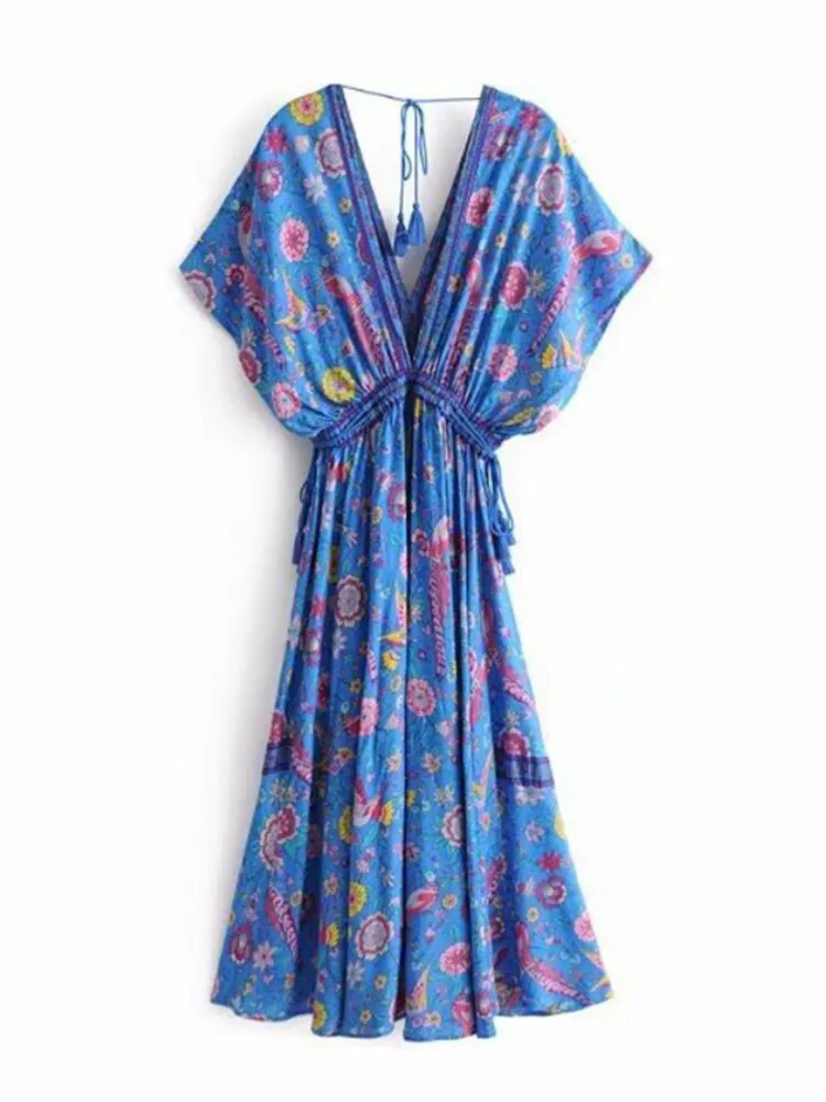 Bohemian Maxi Dress "Lovebird" Half Moon Long Floral Gown Deep V Front & Back Tassel Ties Sizes Small Medium Or Large