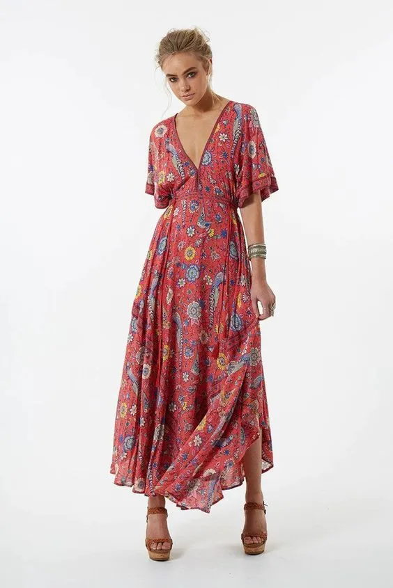 Bohemian Maxi Dress "Lovebird" Half Moon Long Floral Gown Deep V Front & Back Tassel Ties Sizes Small Medium Or Large