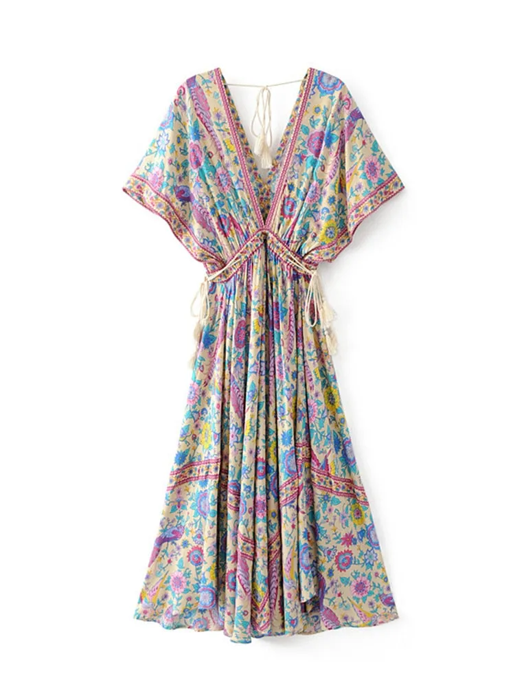 Bohemian Maxi Dress "Lovebird" Half Moon Long Floral Gown Deep V Front & Back Tassel Ties Sizes Small Medium Or Large