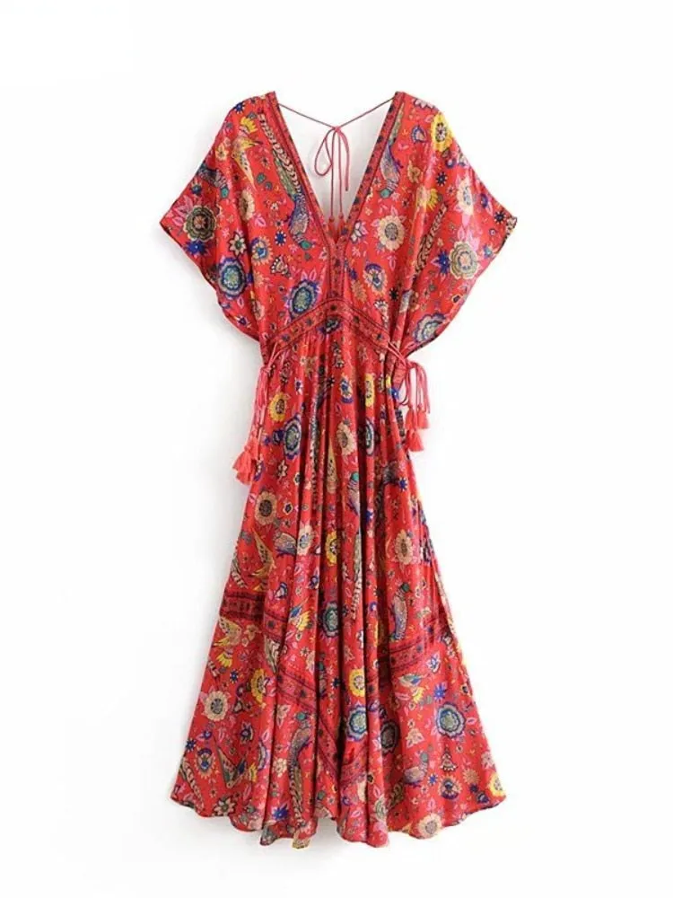 Bohemian Maxi Dress "Lovebird" Half Moon Long Floral Gown Deep V Front & Back Tassel Ties Sizes Small Medium Or Large