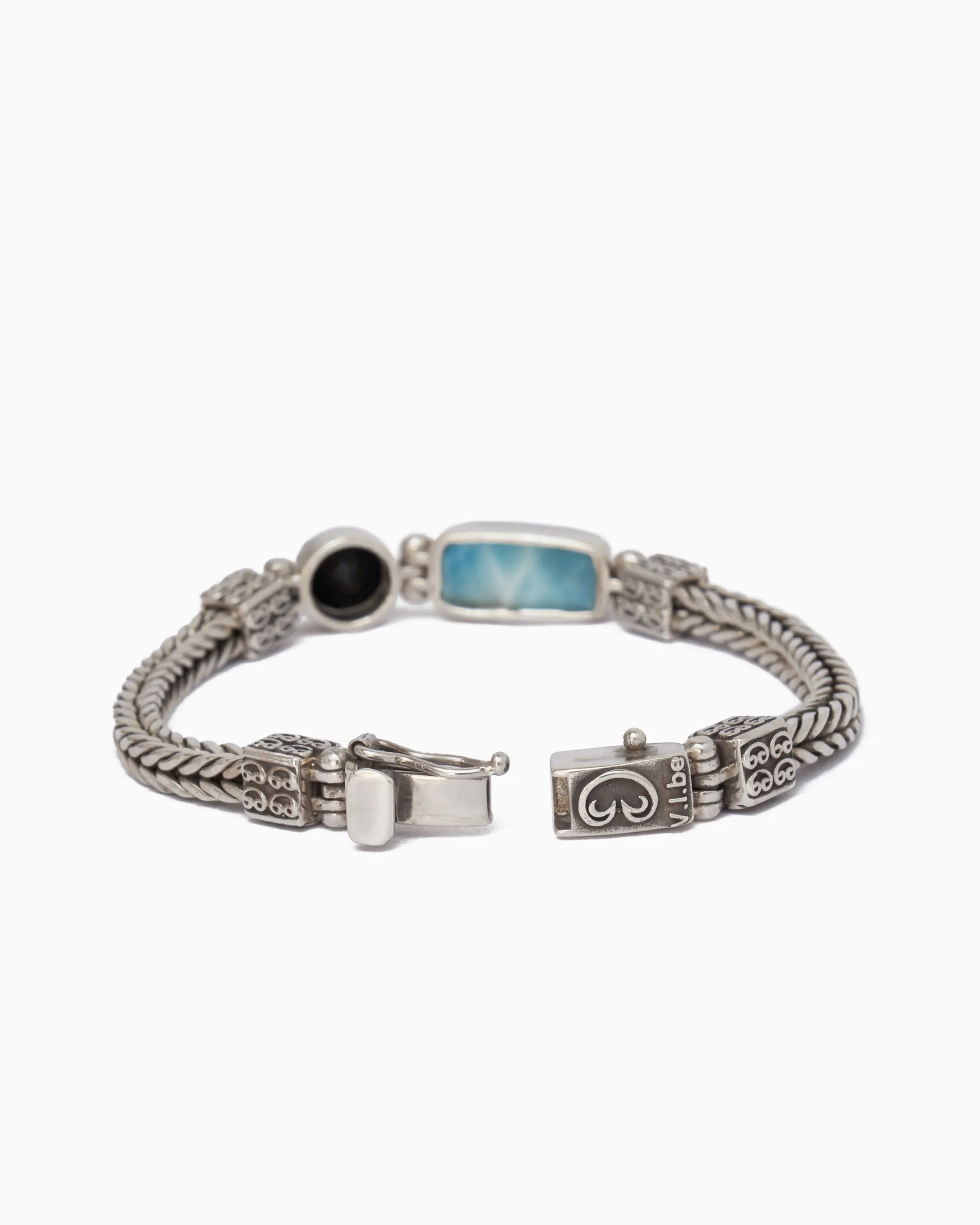 Bubble Stone Link Bracelet - Larimar/Black Onyx