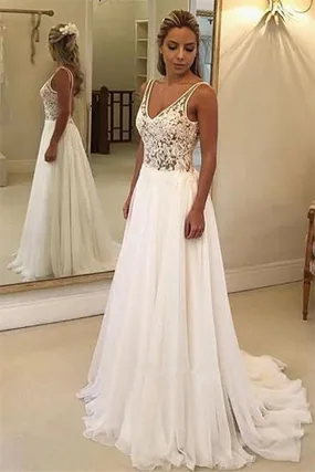 Charming Long A-Line V-Neck Appliques Lace Backless Wedding Dresses