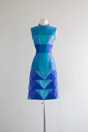 Chic 1960's Blue Plaid Thai Silk Shift Dress / SM