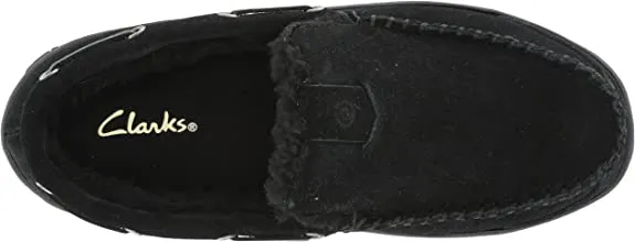 Clarks Black Venetian Suede Moccasin Loafers Rounded Toe Fur Lined Slippers